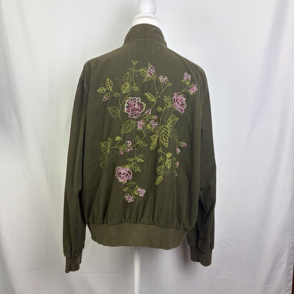 Kate Hill Army Green Corduroy Flower Embroidered Bomber Jacket Women's XLarge